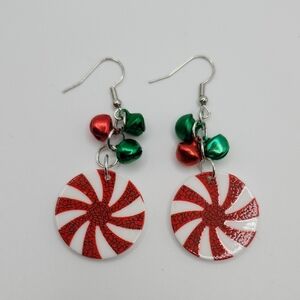 Festive Peppermint Acrylic Earrings with Red and Green Metal Accents